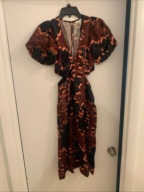 Topshop Rust and Black Printed Midi Dress with Puff Sleeves